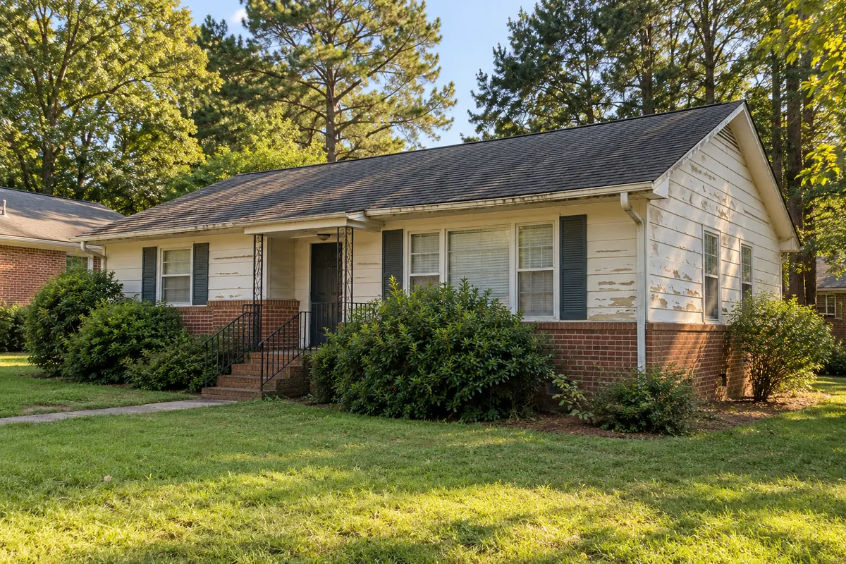 A house with peeling paint and worn roof shingles that needs repairs